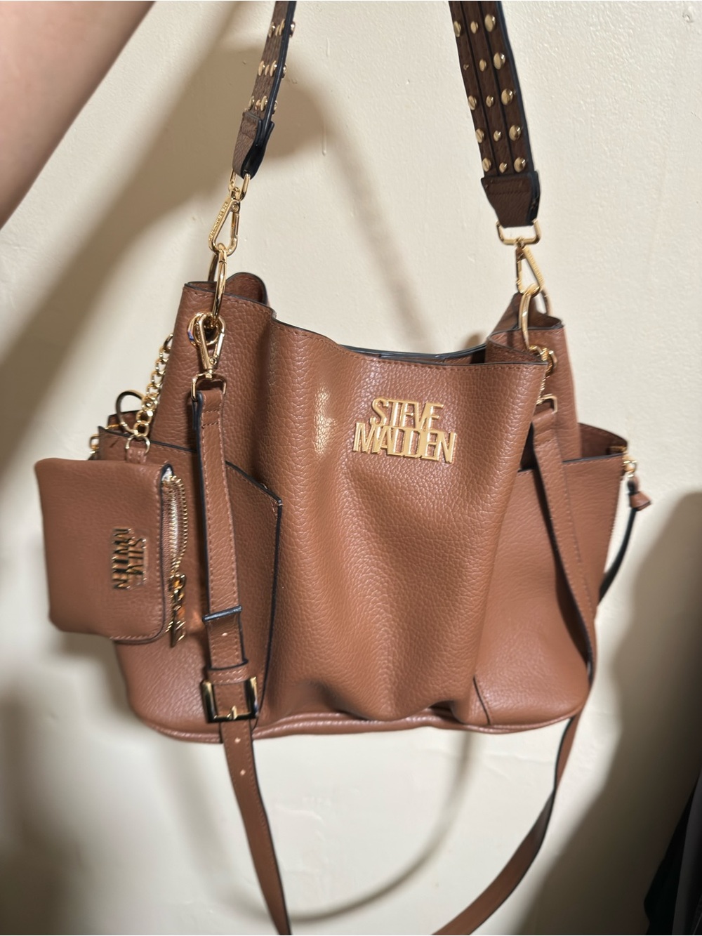 Steve Madden Chestnut Pebble Leather Bucket Bag with Gold Hardware